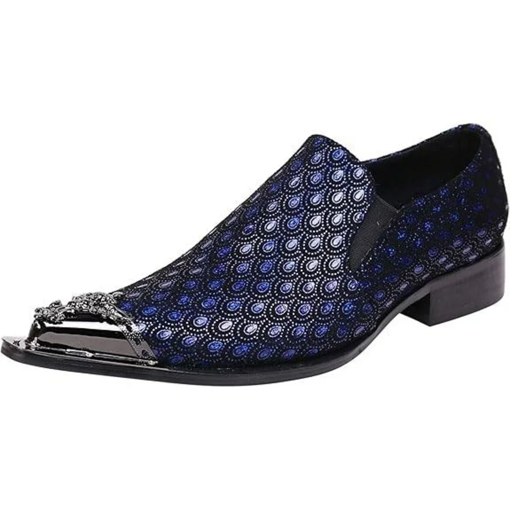 Santimon‎ Men's US 9.5 Black/Blue Leather Metal Tip Western Loafers Dress Shoes
